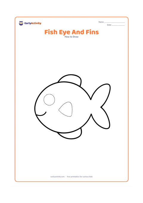 Worksheet: Show a big rounded fish body and tail with blank spaces where the eye and two fins should be added. Include faint circular and triangular guide shapes beside those spaces for children to…
