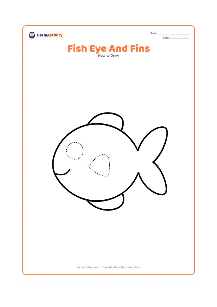 Worksheet: Show a big rounded fish body and tail with blank spaces where the eye and two fins should be added. Include faint circular and triangular guide shapes beside those spaces for children to…