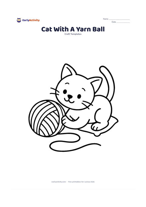 Worksheet: Draw a playful kitten crouching beside a large yarn ball, with one paw touching the ball and a single thick curved strand looping across the ground. Add a small cushion behind the kitten.
