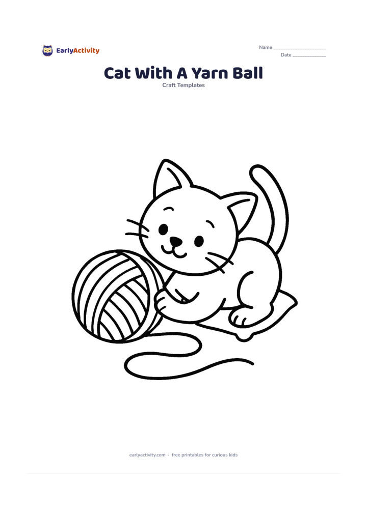 Worksheet: Draw a playful kitten crouching beside a large yarn ball, with one paw touching the ball and a single thick curved strand looping across the ground. Add a small cushion behind the kitten.
