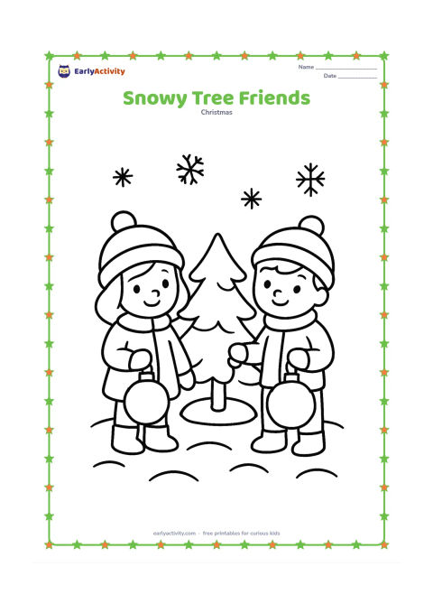 Colouring page: Two cheerful children stand beside a small Christmas tree, each holding one large bauble ready to hang. Add a few simple snowflakes and rounded snowdrifts around them.