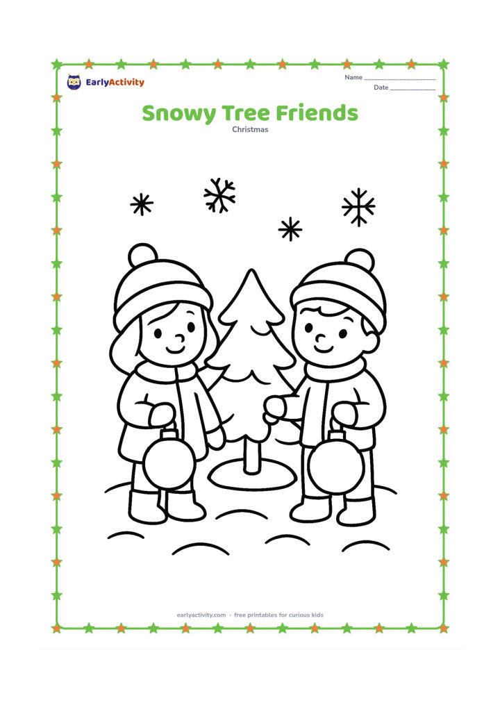 Colouring page: Two cheerful children stand beside a small Christmas tree, each holding one large bauble ready to hang. Add a few simple snowflakes and rounded snowdrifts around them.