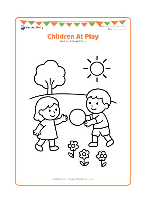 Colouring page: Two children play with a large ball in an open park, with a tree, three flowers, and a simple sun in the background. Show one child reaching and the other preparing to catch.
