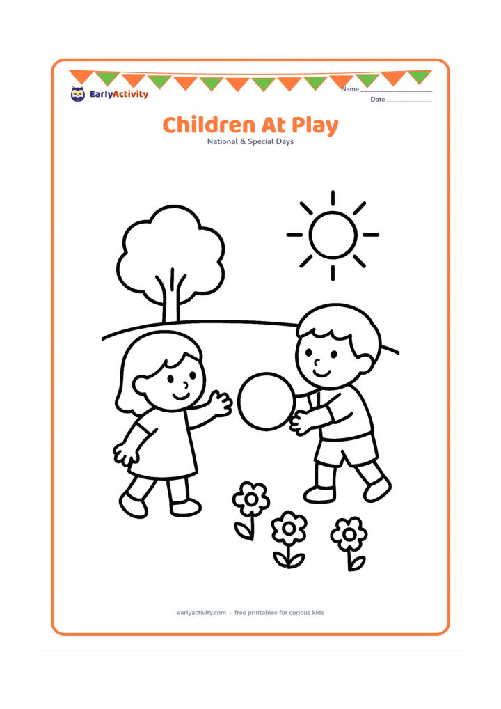 Colouring page: Two children play with a large ball in an open park, with a tree, three flowers, and a simple sun in the background. Show one child reaching and the other preparing to catch.