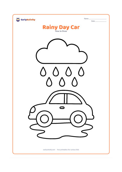 Worksheet: Show a simple side-view car travelling beneath large raindrops, with a puddle and one cloud above. Include round headlights and two large wheels.