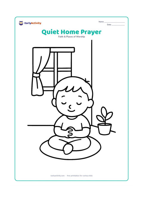 Colouring page: A child sits quietly with folded hands on a floor cushion in a simple home corner, with a window, curtain, and small plant in the background.