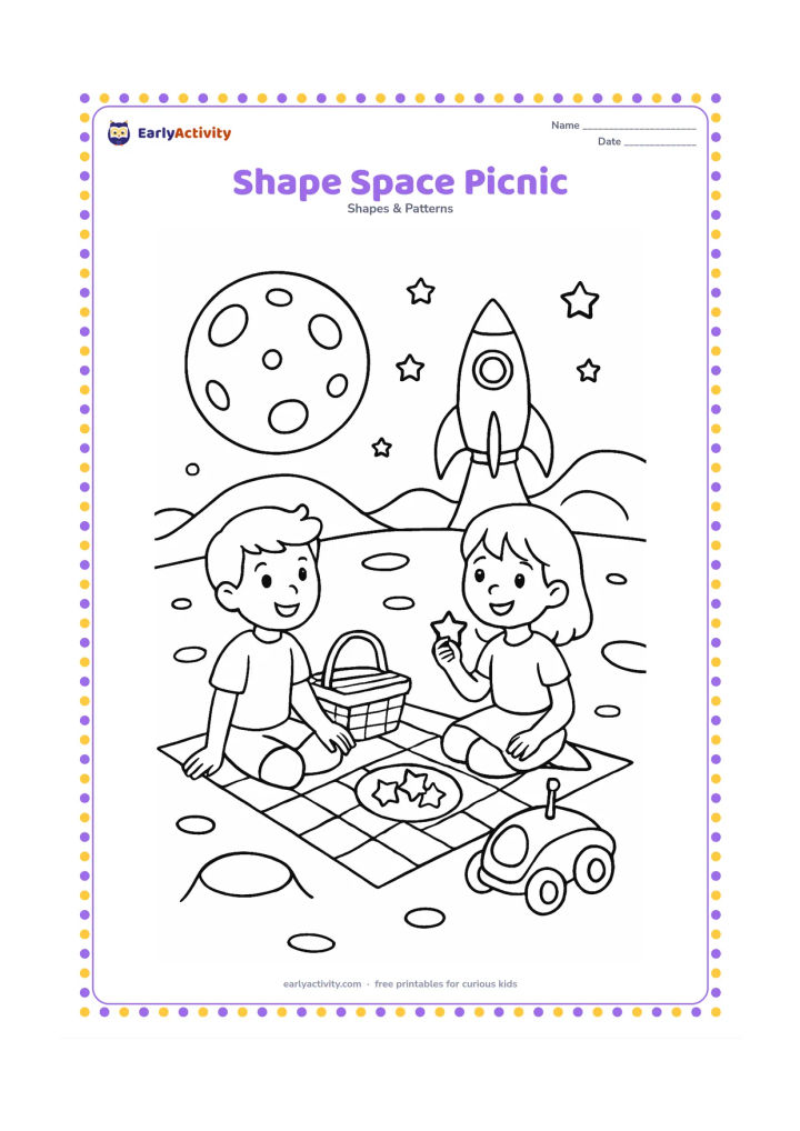 Colouring page: Draw children having an imaginative picnic on a moon-like landscape, with a circular planet, triangular rocket, rectangular picnic mat, star-shaped snacks and an oval rover. Add craters…