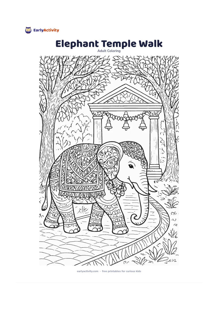 Colouring page: A decorated elephant walks calmly along a tree-lined path beside a simple temple entrance with columns, bells and flower garlands, with no symbols or writing. Give the elephant blanket,…