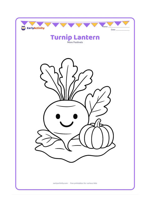 Colouring page: Draw a smiling turnip lantern with leafy green tops, a simple face, and a small pumpkin beside it. Place both on a plain harvest cloth with two large leaves.