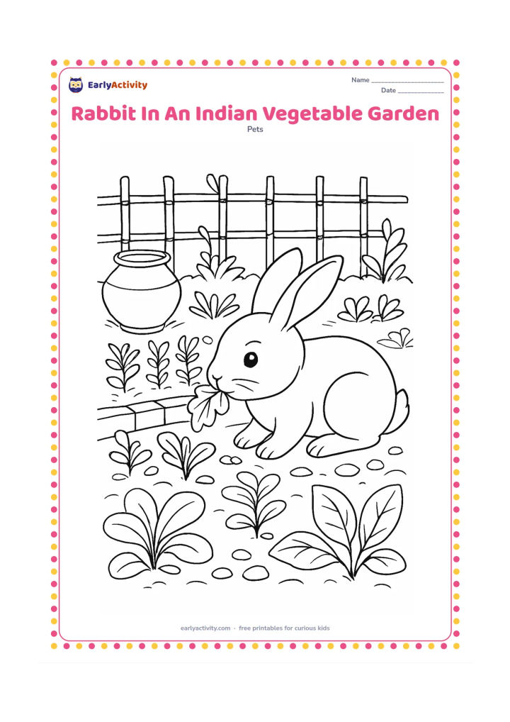 Colouring page: A rabbit nibbles leafy greens in a small Indian kitchen garden with rows of plants, a low brick border, a clay water pot and a simple bamboo fence. Add a few broad leaves and scattered…