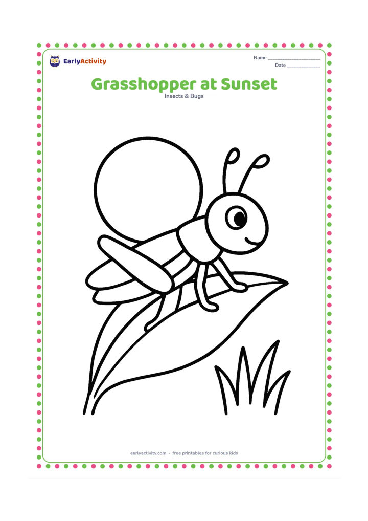 Colouring page: Draw a side-view grasshopper on a broad leaf with a large round sun low behind it and a few simple grass shapes along the bottom edge.