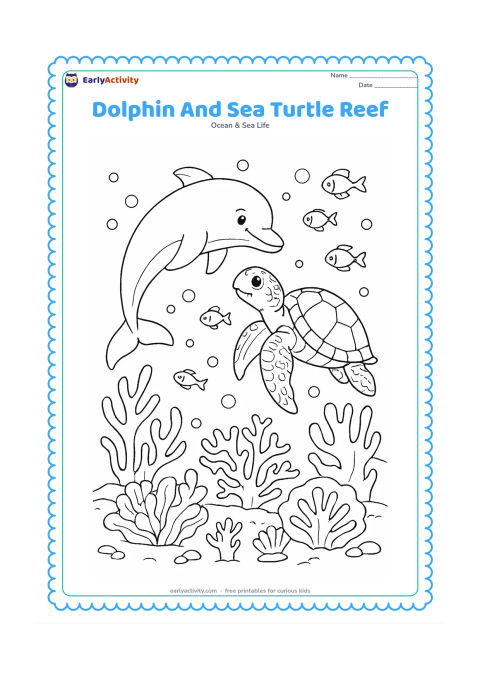 Colouring page: Draw a dolphin and a sea turtle circling one another above a coral reef, surrounded by small fish, bubbles, sea plants, and varied coral shapes. Show the animals in different poses with…