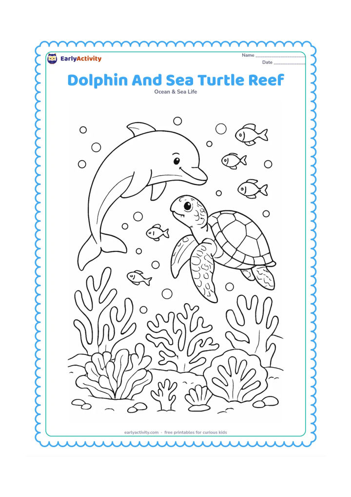 Colouring page: Draw a dolphin and a sea turtle circling one another above a coral reef, surrounded by small fish, bubbles, sea plants, and varied coral shapes. Show the animals in different poses with…