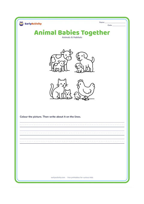Worksheet: Show four parent-and-baby pairs in separate spaces: cow with calf, dog with puppy, cat with kitten and hen with chick. Use simple ground lines to keep each pair separate.