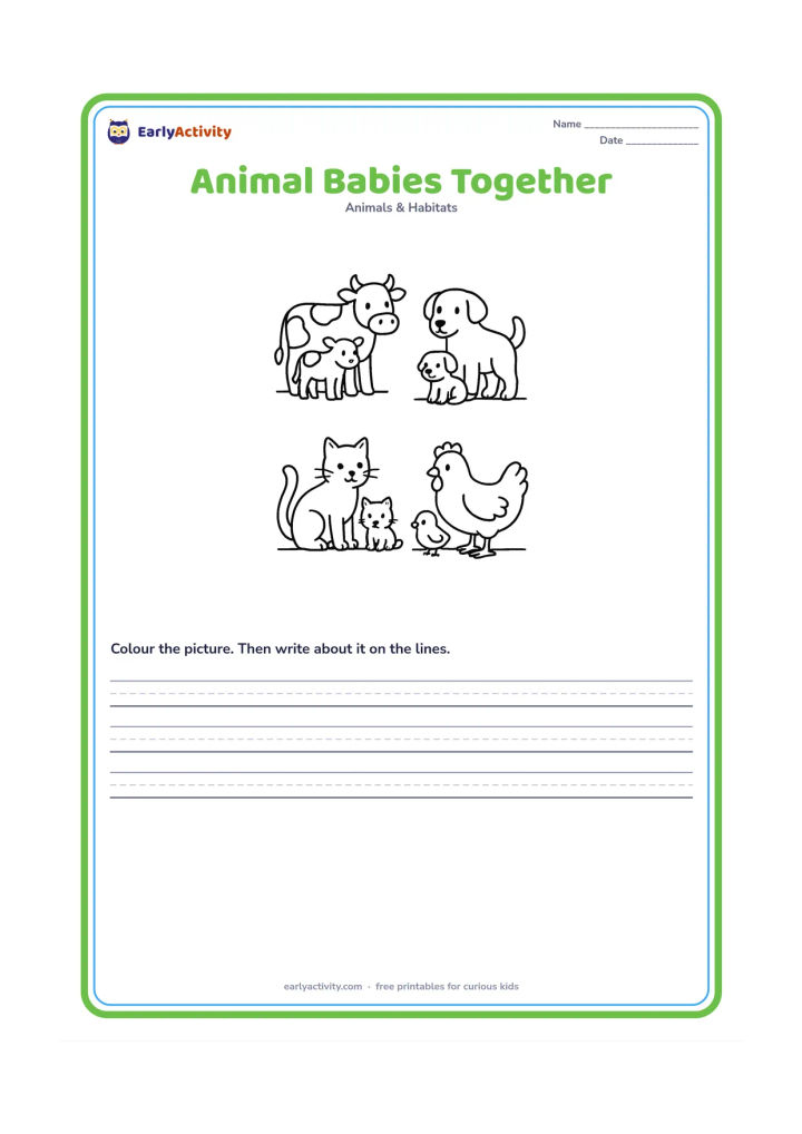 Worksheet: Show four parent-and-baby pairs in separate spaces: cow with calf, dog with puppy, cat with kitten and hen with chick. Use simple ground lines to keep each pair separate.