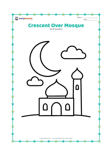 Colouring page: A large crescent moon above a small domed mosque with one minaret, two clouds and a simple ground line. Center the mosque with wide open spaces around it.