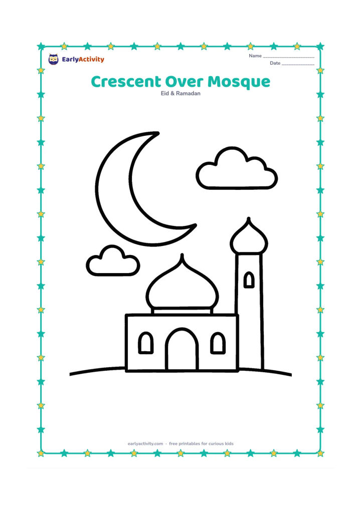 Colouring page: A large crescent moon above a small domed mosque with one minaret, two clouds and a simple ground line. Center the mosque with wide open spaces around it.