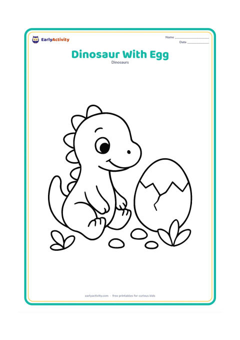 Colouring page: A gentle young dinosaur sits beside one large cracked egg, looking at it happily. Include a few rounded pebbles and two simple leafy plants.