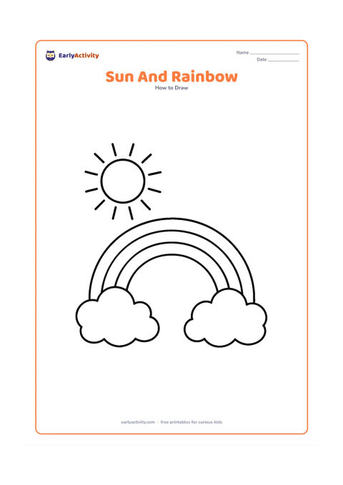 Worksheet: Place a large sun in one upper corner and a broad three-arch rainbow across the sky, with two large clouds at the ends. Leave wide open bands for colouring.