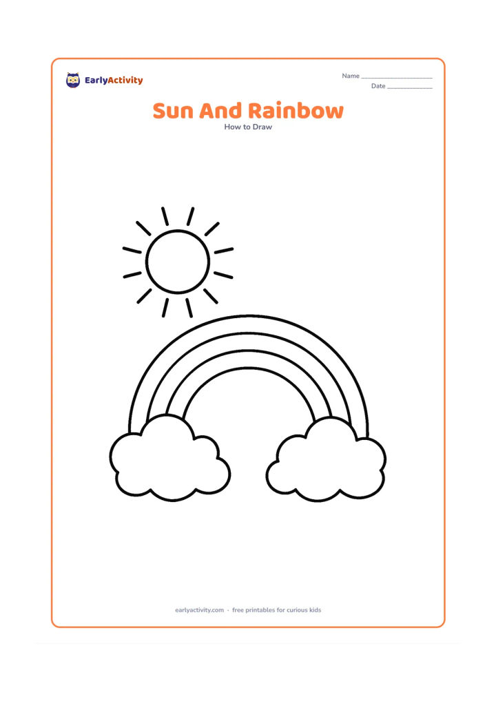 Worksheet: Place a large sun in one upper corner and a broad three-arch rainbow across the sky, with two large clouds at the ends. Leave wide open bands for colouring.