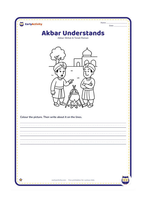 Printable: Show Akbar pointing from the far-away fire to the high pot while Birbal smiles gently beside him. Use a clear palace courtyard with one tree and open ground.