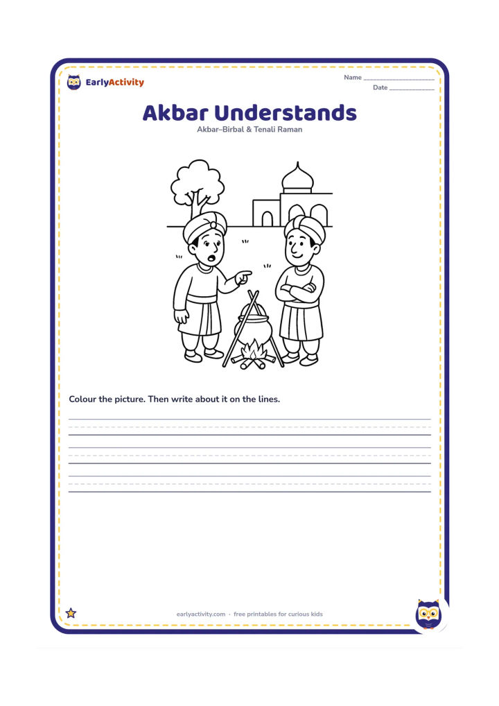 Printable: Show Akbar pointing from the far-away fire to the high pot while Birbal smiles gently beside him. Use a clear palace courtyard with one tree and open ground.
