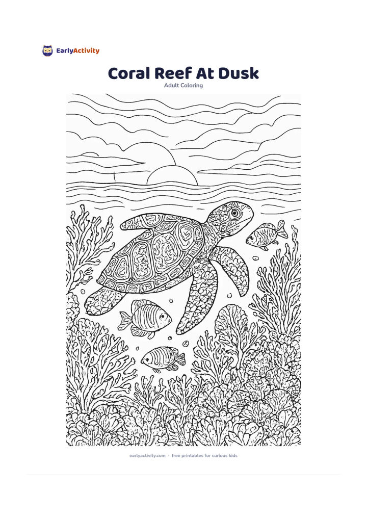 Colouring page: A colourful-looking reef scene is arranged beneath the darkening surface at dusk, with a sea turtle, reef fish, coral branches, sea fans and a fading sun visible above the water. Use…