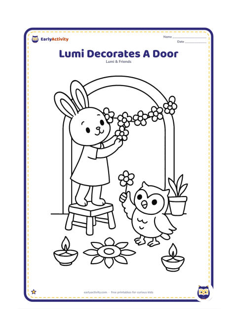 Colouring page: Lumi stands on a low safe stool while hanging a flower garland across a festival doorway, with a friend owl passing flowers below. Add a small rangoli, two lamps and potted plants.