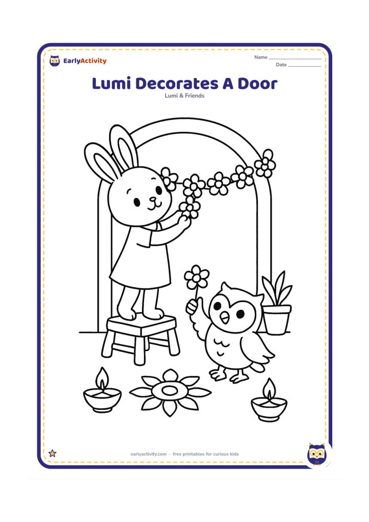Colouring page: Lumi stands on a low safe stool while hanging a flower garland across a festival doorway, with a friend owl passing flowers below. Add a small rangoli, two lamps and potted plants.