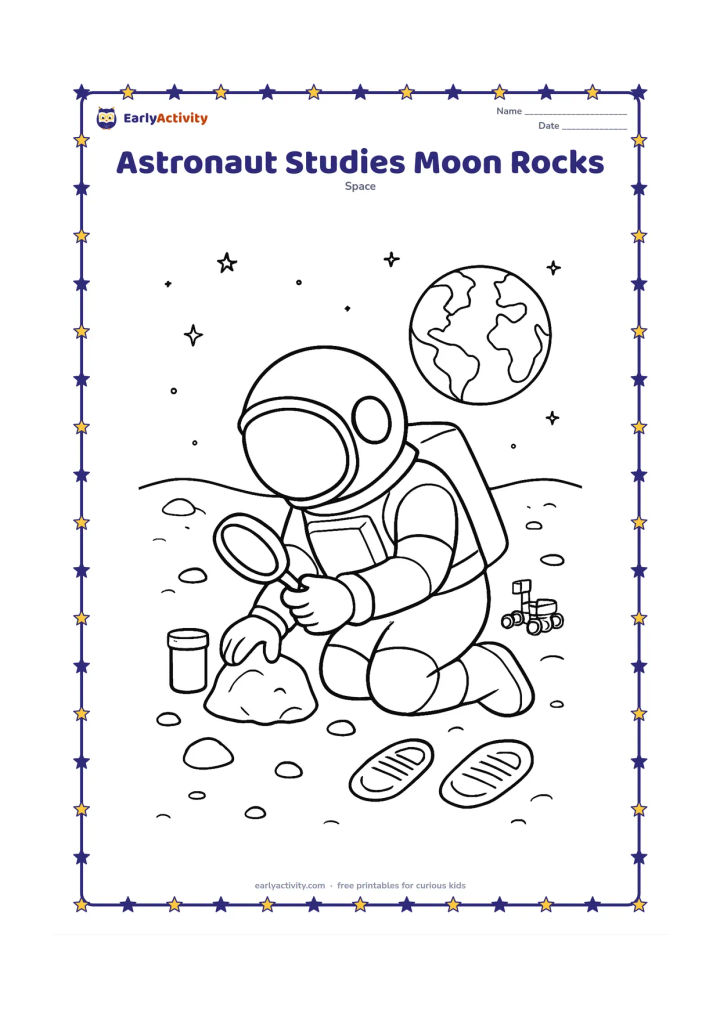 Colouring page: Draw an astronaut kneeling on the Moon and examining a rock with a magnifying glass. Include a sample container, boot prints, a small rover and Earth in the distance.