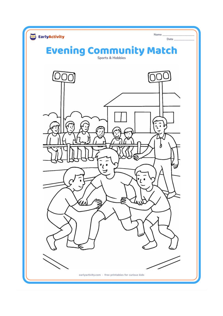 Colouring page: A lively kabaddi match unfolds under simple floodlights, with a raider twisting away from two defenders and a referee following the action. Show spectators on benches, boundary ropes and…
