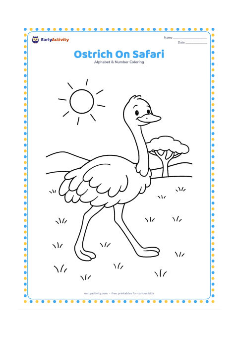 Colouring page: Draw a friendly ostrich walking across open grassland, with a low acacia tree, distant hills and a bright sun behind it. Give the bird a long neck, two clear legs and a relaxed pose.