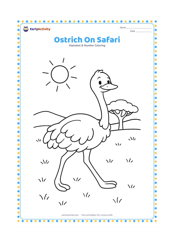 Colouring page: Draw a friendly ostrich walking across open grassland, with a low acacia tree, distant hills and a bright sun behind it. Give the bird a long neck, two clear legs and a relaxed pose.