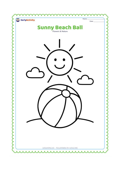 Colouring page: Draw a smiling sun above a large beach ball on a simple sandy ground line, with two small clouds and a few wide rays. The ball should have only a few broad panels.