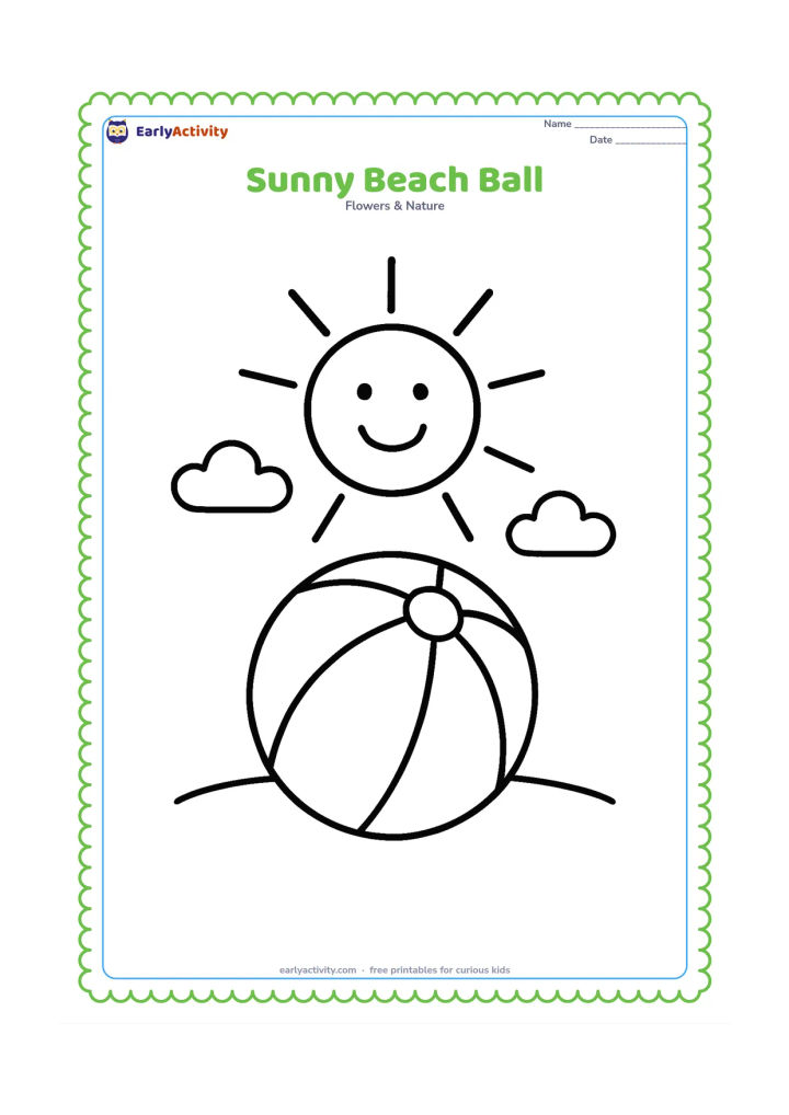 Colouring page: Draw a smiling sun above a large beach ball on a simple sandy ground line, with two small clouds and a few wide rays. The ball should have only a few broad panels.