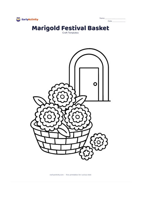 Worksheet: A shallow woven basket filled with three round marigold blooms, each made from layered scalloped petals, with two leaves and a few loose flowers beside the basket. Include a simple…