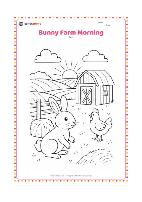 Colouring page: Draw a bunny exploring a farmyard at morning beside a wooden fence, a hay bale, a small barn, and distant fields. Include a chicken and a few clouds, with early sunlight coming over the…