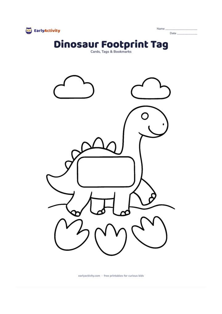 Worksheet: Draw a friendly long-necked dinosaur-shaped gift tag walking across three large footprints, with a broad blank panel along its body and a small punched hole above its head. Add two…
