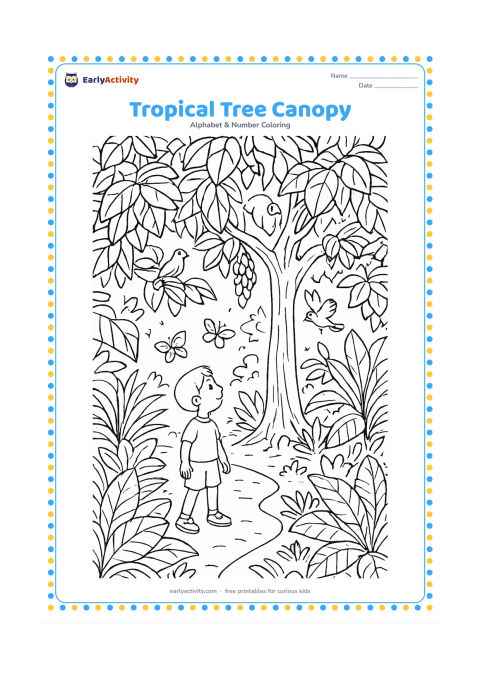 Colouring page: Draw a detailed tropical tree canopy with a child observing birds and insects from a safe path below, including layered branches, broad leaves, hanging fruit, a squirrel, butterflies,…