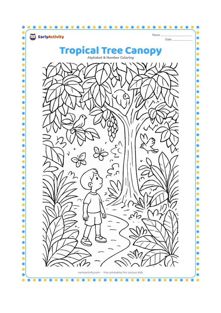 Colouring page: Draw a detailed tropical tree canopy with a child observing birds and insects from a safe path below, including layered branches, broad leaves, hanging fruit, a squirrel, butterflies,…