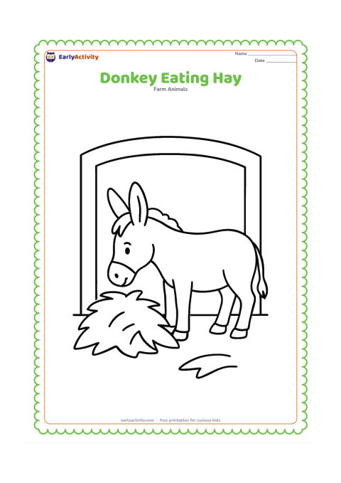 Colouring page: A friendly donkey lowers its head to eat a large pile of hay inside a simple barn doorway. Include only a few broad hay shapes and a smooth patch of floor.