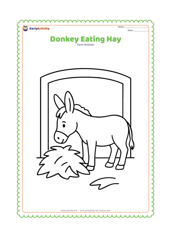 Colouring page: A friendly donkey lowers its head to eat a large pile of hay inside a simple barn doorway. Include only a few broad hay shapes and a smooth patch of floor.