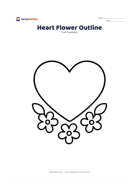 Worksheet: Draw a large empty heart with three simple five-petal flowers attached along its lower edge and two rounded leaves on each side. Keep the flower shapes widely spaced.