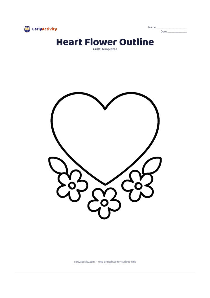 Worksheet: Draw a large empty heart with three simple five-petal flowers attached along its lower edge and two rounded leaves on each side. Keep the flower shapes widely spaced.