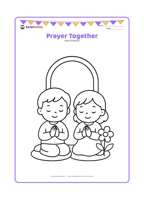 Colouring page: Draw two children sitting peacefully with hands together in prayer, with a simple cushion and one large flower beside them. Add a plain arched window behind them without any writing.