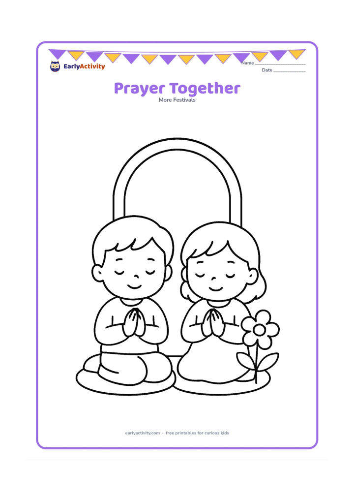 Colouring page: Draw two children sitting peacefully with hands together in prayer, with a simple cushion and one large flower beside them. Add a plain arched window behind them without any writing.