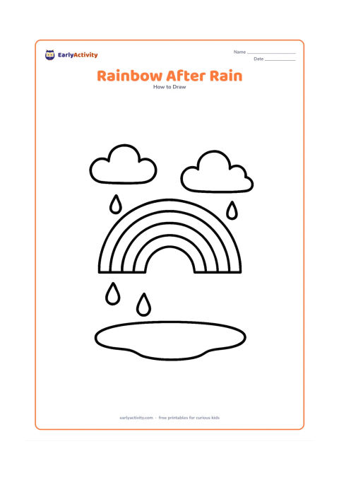 Worksheet: A rainbow appears above a puddle, with two large clouds overhead and a few big raindrops stopping in the air. Show a simple curved puddle below without adding a reflection.