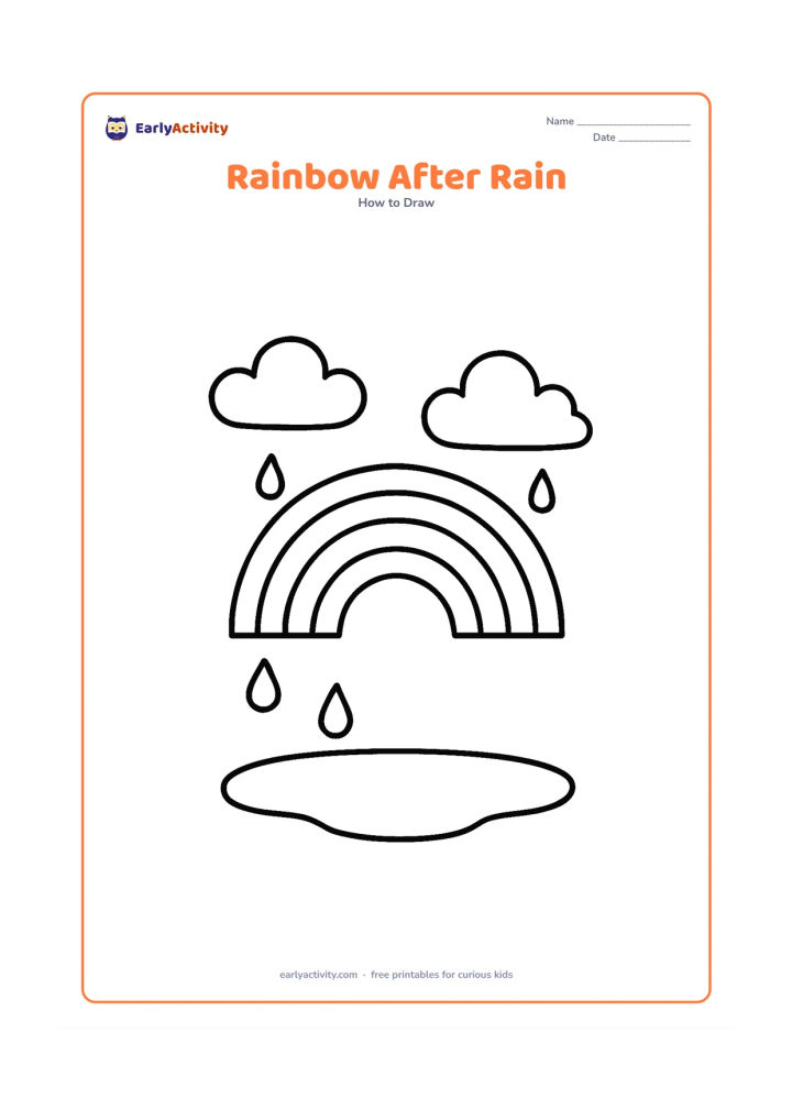 Worksheet: A rainbow appears above a puddle, with two large clouds overhead and a few big raindrops stopping in the air. Show a simple curved puddle below without adding a reflection.