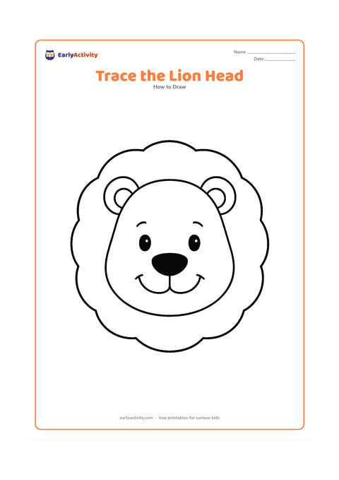 Worksheet: Show a very large front-facing lion head with a thick round mane, simple ears, eyes, nose and smiling mouth. Include a faint outer outline for tracing and a clear blank area around the…
