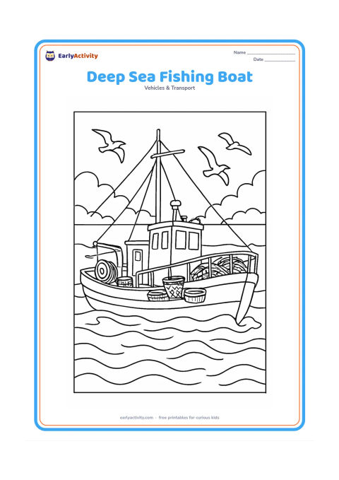 Colouring page: Draw a larger fishing vessel on the open sea with a cabin, railings, mast, coiled nets, baskets, a winch, and waves around the hull. Add flying seabirds and a cloudy horizon.